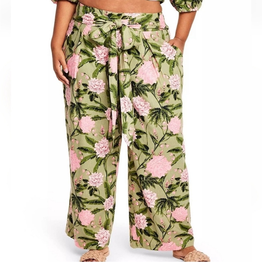 Agua Bendita Floral Wide Leg Pants - Green and Pink size 1x